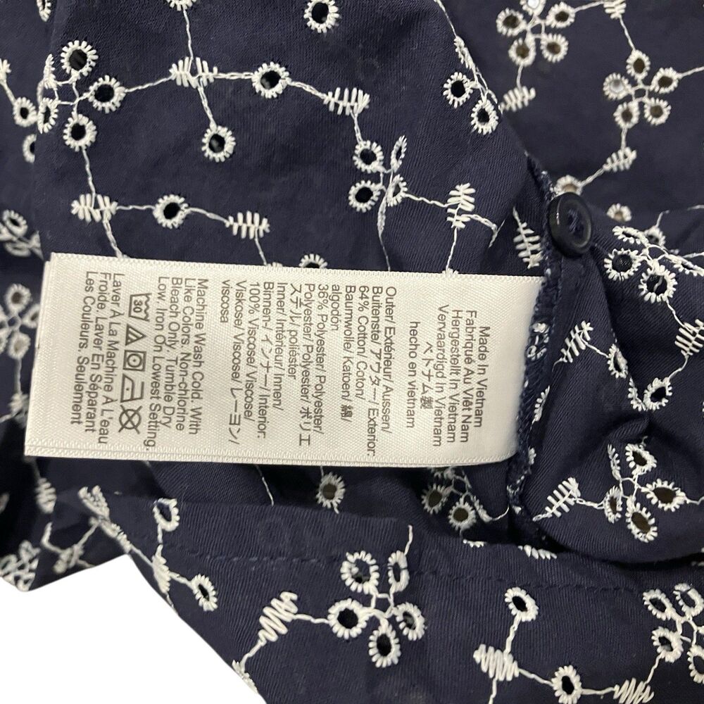 J Crew Mini Eyelet Shirt Dress Womens 10 Navy Blue Sleeveless Button Front Godet - Picture 9 of 13